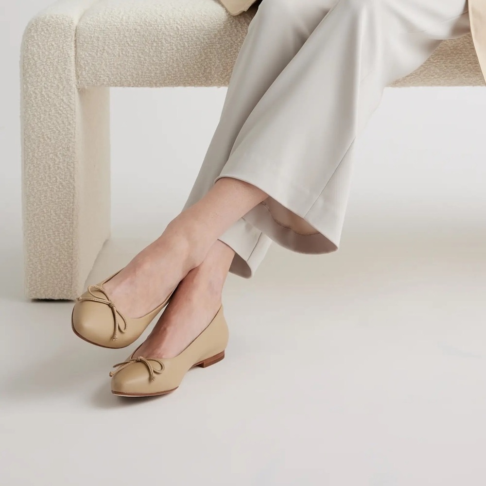 Quince Italian leather pointy toe beige bow slip on flats almond